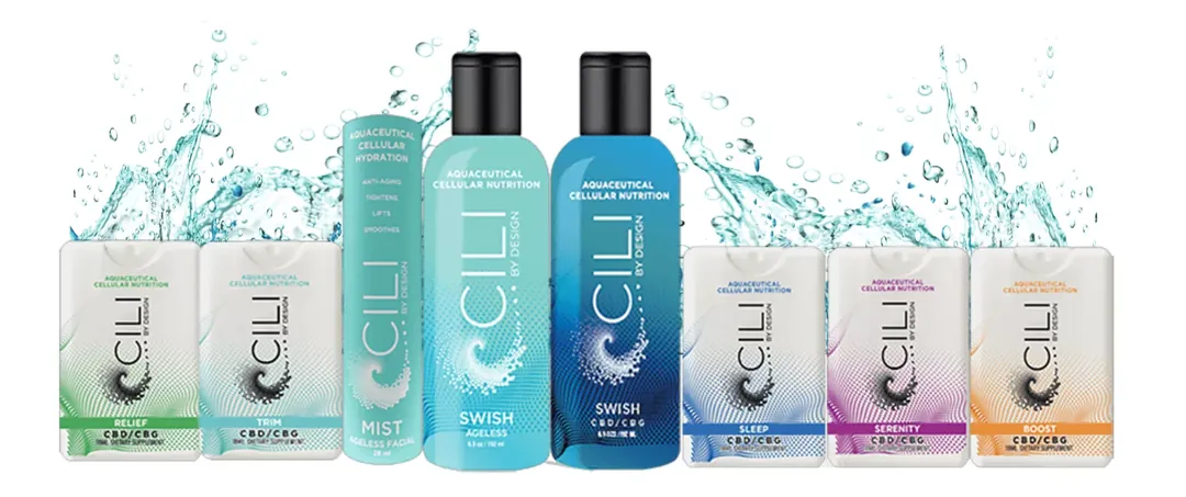 Übersicht aller CILI by Design Produkte: Relief, Trim, Ageless Facial Mist, Ageless Swish, CBD/CBG Swish, Sleep, Serenity und Boost